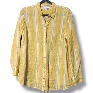 J. Jill love linen womens medium linen yellow white striped button down shirt
